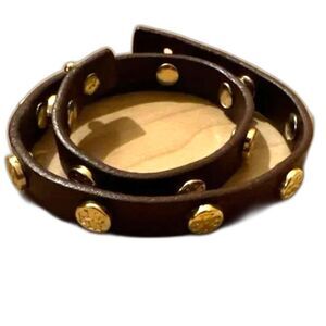 Tory Burch Gold Tone Logo Studs Brown Leather Double Wrap 16" Unisex Bracelet